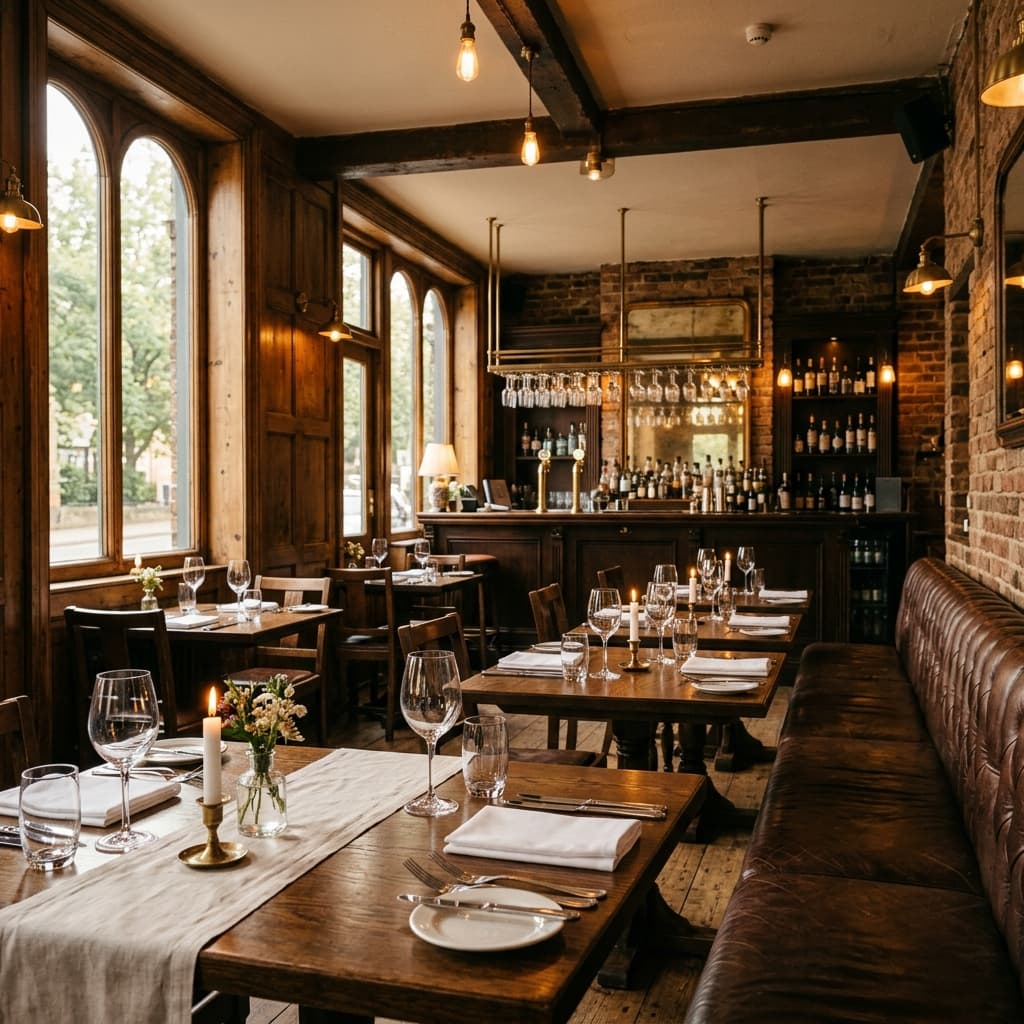 Interior of a warm British gastropub set for evening service