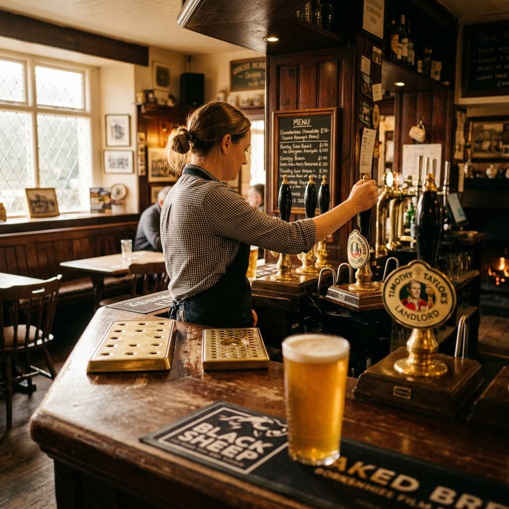 Interior of a traditional British pub during late afternoon service